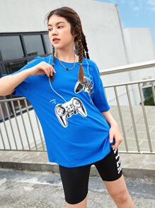 SHEIN Teen Girls Drop Shoulder Game Console Print Tee & Letter Graphic Cycling Shorts - Multicolor - View 5
