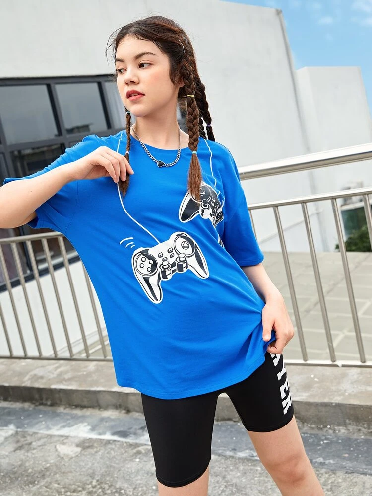 Teen Girls Drop Shoulder Game Console Print Tee & Letter Graphic Biker Shorts