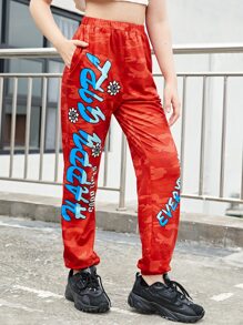 SHEIN 青少年女孩花和標語圖案衛褲 - 彩色 - 查看 5