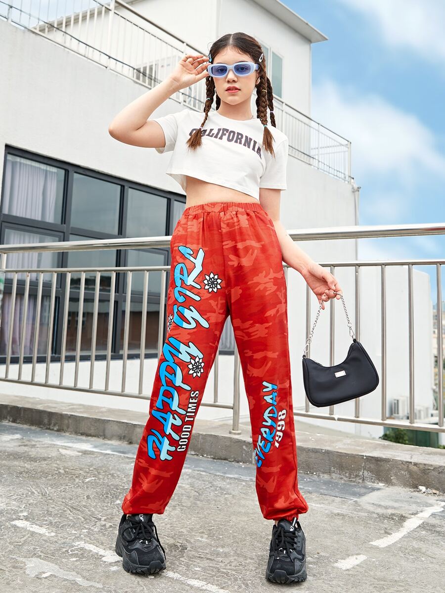 SHEIN 青少年女孩花和標語圖案衛褲 - 彩色 - 查看 1