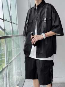 Claim Dot Loose Fit Men's Buckled Flap Pocket Drop Shoulder Shirt & Drawstring Shorts Set (Without Tee) - Black - View 4
