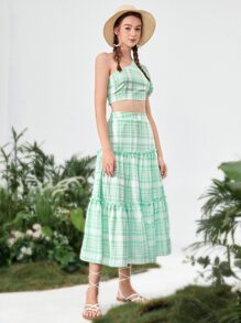 SHEIN MOD 格紋單肩泡泡袖短款上衣和荷葉邊半身裙