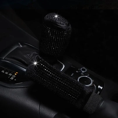 MEIKAXIU 2pcs Plush Rhinestone Bling Shiny Car Handbrake And Gear Shift Cover, Car Interior Accessories, Black