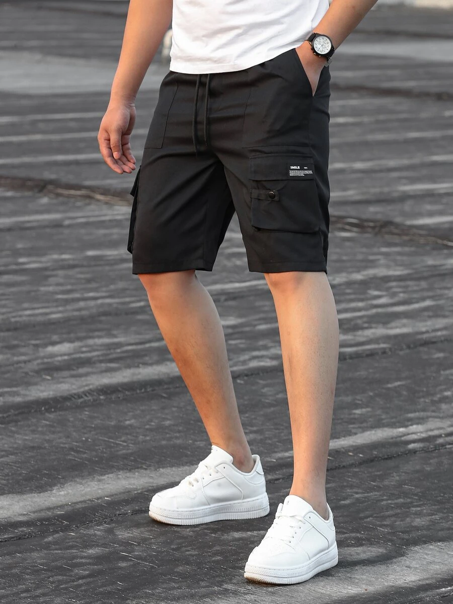 Manfinity Men Slogan Patched Detail Flap Pocket Drawstring Waist Shorts - Black - View 1