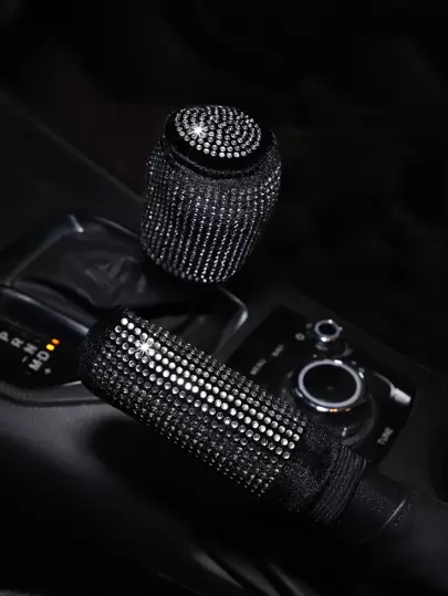 MEIKAXIU مجموعة قطعتين من أغطية عصا تروس ناقل الحركة بطرف اليد مرصعة بالراين ستون وبريق اللمعان لاكسسوارات داخل السيارة باللون الأسود