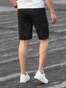 Manfinity Men Slogan Patched Detail Flap Pocket Drawstring Waist Shorts - Black - View 2