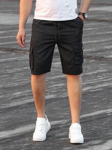 Manfinity Men Slogan Patched Detail Flap Pocket Drawstring Waist Shorts - Black - View 6