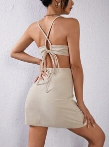 SHEIN Privé 十字交叉後背繫帶吊帶連衣裙 - 米色 - 查看 2