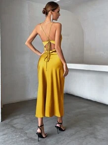 Aveloria Solid Tie Backless Cami Dress - Yellow - View 2