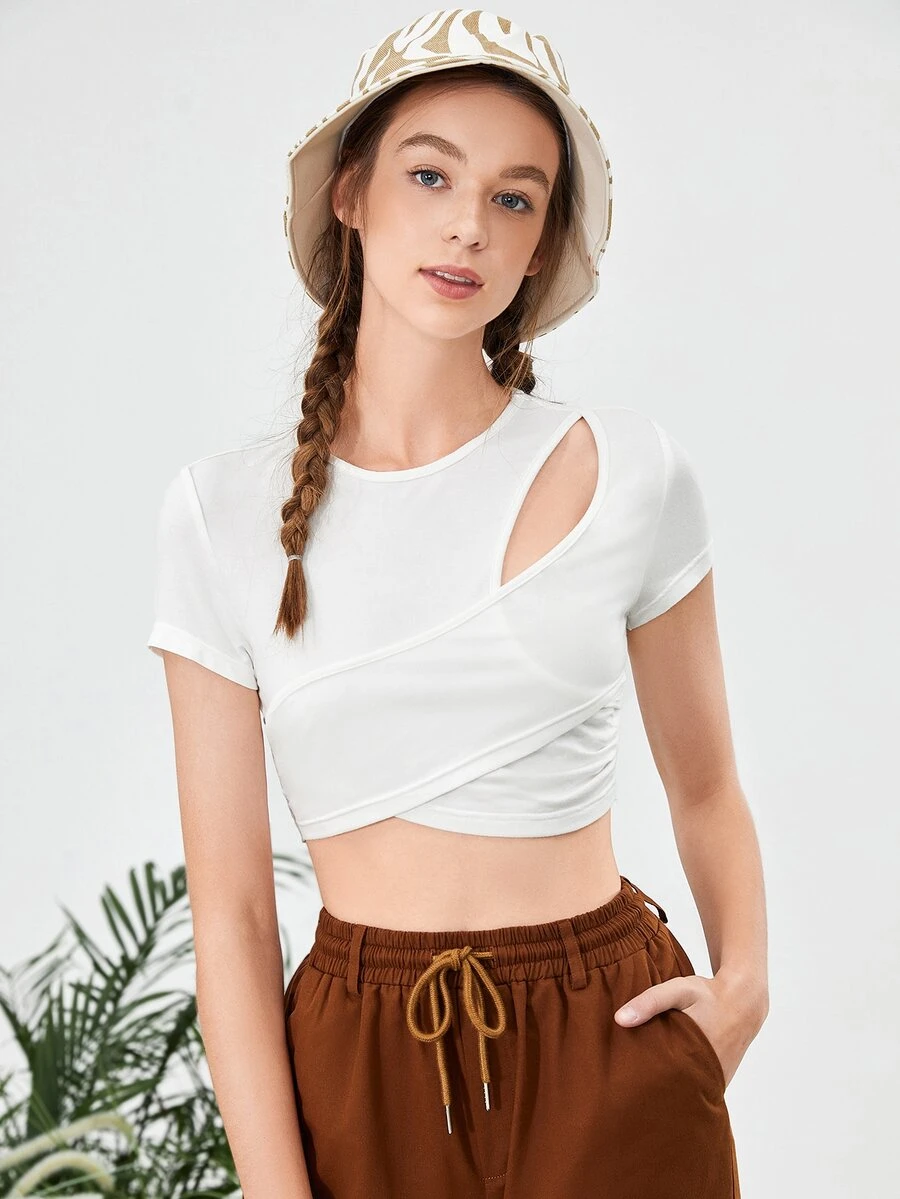 SHEIN MOD Cut Out Ruched Wrap Cross Crop Tee