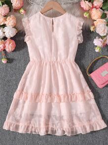 Girls Butterfly Sleeve Layered Hem Dress - Baby Pink - View 2