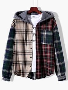Manfinity Men Tartan Patched Pocket Drawstring Hooded Shirt Without Tee - Multicolor - View 1