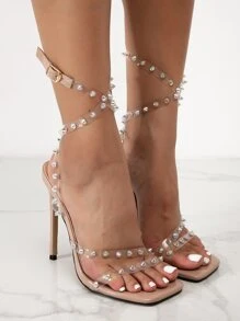 鉚釘裝飾細跟綁帶涼鞋 - 無色 - 查看 3