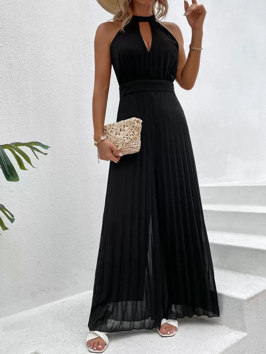 SHEIN VCAY Cut Out Halter Neck Backless Pleated Hem Culotte Jumpsuit - Black - View 1