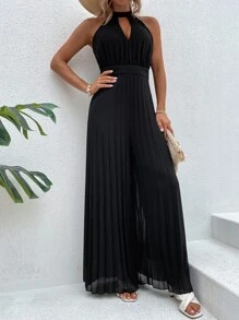SHEIN VCAY Cut Out Halter Neck Backless Pleated Hem Culotte Jumpsuit - Black - View 4