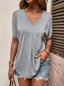 SHEIN LUNE 挖肩弧形下擺T恤 - 灰色 - 查看 1