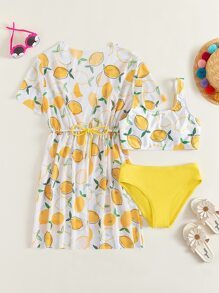 Tween Girl 3packs Lemon Print Drawstring Waist Bikini Set Summer Beach - Multicolor - View 1