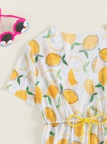 Tween Girl 3packs Lemon Print Drawstring Waist Bikini Set Summer Beach - Multicolor - View 3