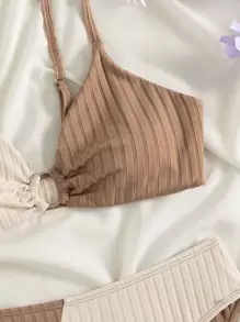 Swim Chiccia Teen Girls Two Tone Ring Detail Ribbed Knit Bikini Set Summer Beach - Multicolor - View 3