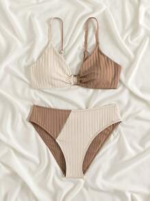 Swim Chiccia Teen Girls Two Tone Ring Detail Ribbed Knit Bikini Set Summer Beach - Multicolor - View 5