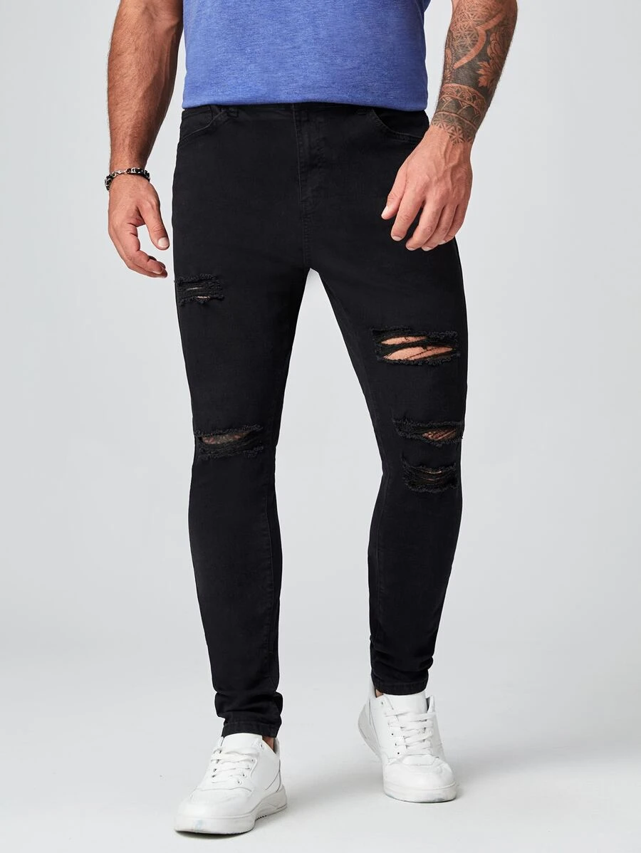 GENTILAND Quần Jeans Nam Nút Túi Bị tách Dây kéo màu trơn - màu đen - Xem 1