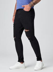 GENTILAND Quần Jeans Nam Nút Túi Bị tách Dây kéo màu trơn - màu đen - Xem 3