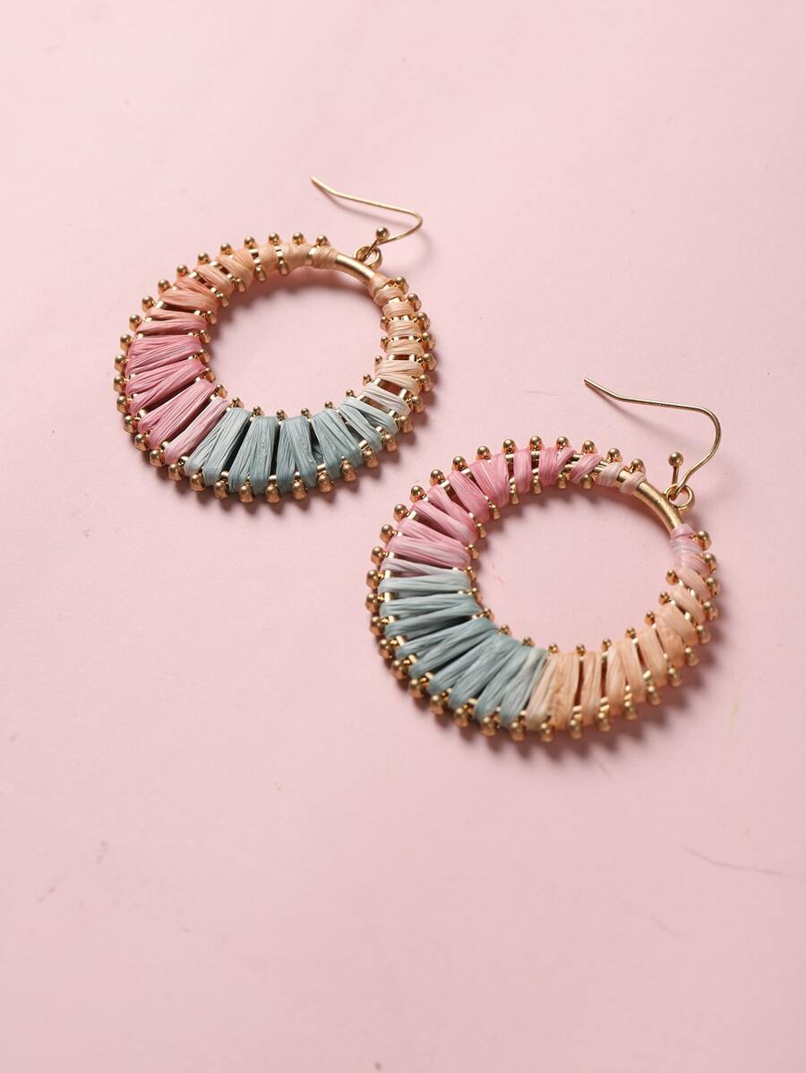 1 对圆形多色拉菲草环状耳环，适合女性日常佩戴 - 彩色 - 查看 1