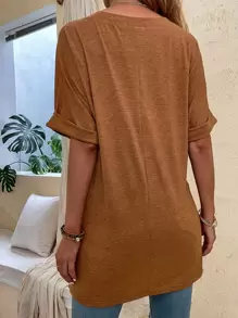 SHEIN LUNE 蝙蝠袖下擺開叉T恤 - 棕色 - 查看 2