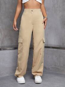 SHEIN EZwear 高腰翻蓋口袋工裝褲 - 卡其色 - 查看 3