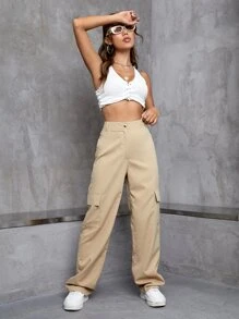 SHEIN EZwear 高腰翻蓋口袋工裝褲 - 卡其色 - 查看 4