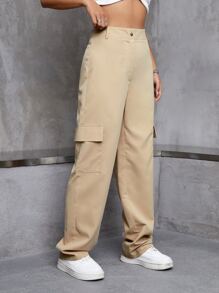 SHEIN EZwear 高腰翻蓋口袋工裝褲 - 卡其色 - 查看 5