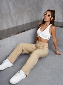 SHEIN EZwear 高腰翻蓋口袋工裝褲 - 卡其色 - 查看 6