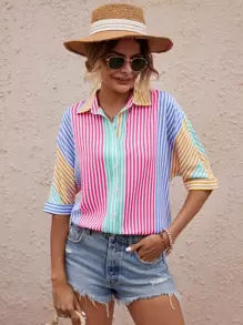 SHEIN VCAY Áo sơ mi Sọc Khối màu tay cánh - Nhiều màu - Xem 4