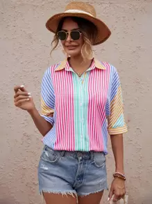 SHEIN VCAY Áo sơ mi Sọc Khối màu tay cánh - Nhiều màu - Xem 5