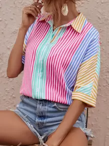 SHEIN VCAY Áo sơ mi Sọc Khối màu tay cánh - Nhiều màu - Xem 7