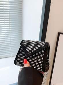 Mini Rhinestone Decor Flap Chain Square Bag - Black and White - View 1