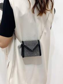 Mini Rhinestone Decor Flap Chain Square Bag - Black and White - View 2