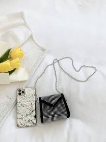 Mini Rhinestone Decor Flap Chain Square Bag - Black and White - View 5