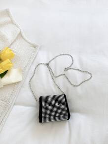 Mini Rhinestone Decor Flap Chain Square Bag - Black and White - View 6