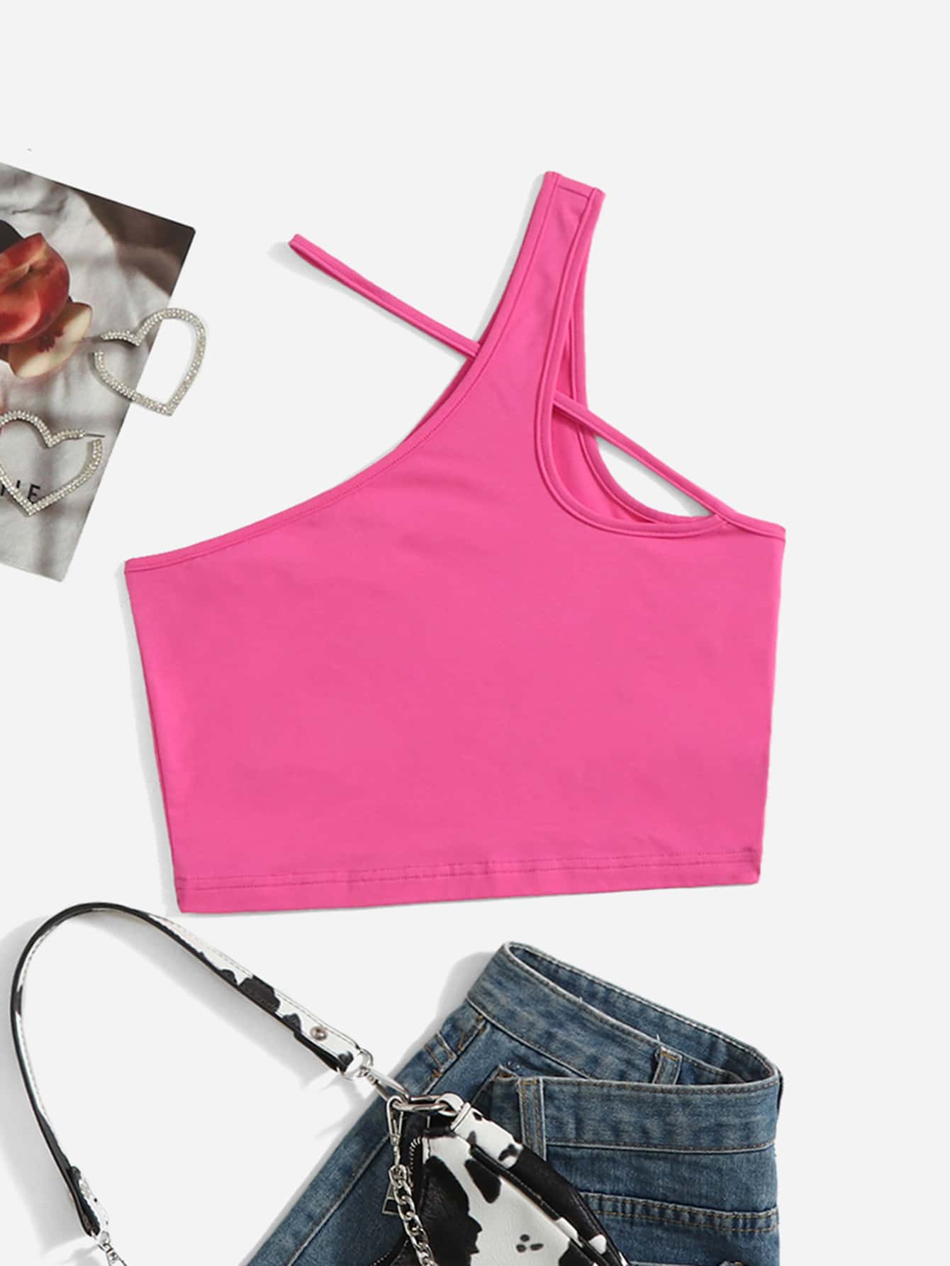 SHEIN EZwear 不對稱領素色上衣 - 粉色 - 查看 1