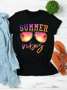 SHEIN LUNE Camiseta gráfica de talla grande con gafas y letra SUMMER Vibes - Negro - Ver 1