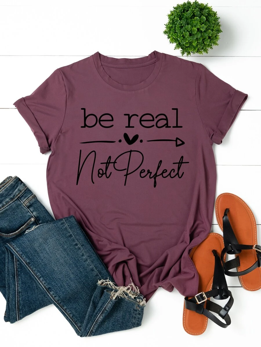 SHEIN LUNE Plus Heart & Slogan Graphic Tee, Women Summer Top, Be Real Not Perfect - Mauve Purple - View 1