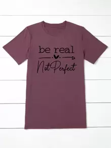 SHEIN LUNE Plus Heart & Slogan Graphic Tee, Women Summer Top, Be Real Not Perfect - Mauve Purple - View 3