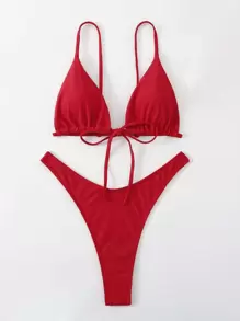 Swim Basics Conjunto de bikini unicolor con lazo en la parte delantera, sujetador triangular y tanga, traje de baño de 2 piezas - Rojo - Ver 4