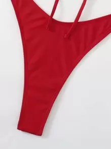 Swim Basics Conjunto de bikini unicolor con lazo en la parte delantera, sujetador triangular y tanga, traje de baño de 2 piezas - Rojo - Ver 3