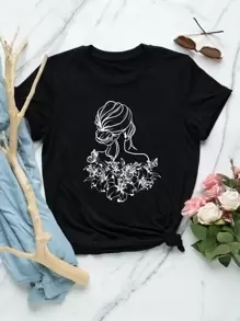 SHEIN LUNE Plus Floral & Figure Graphic Tee - Black - View 1