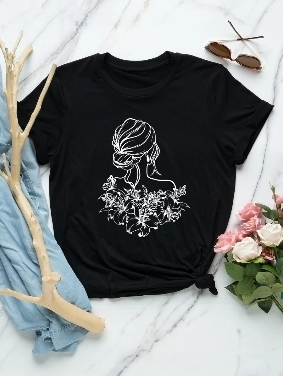 SHEIN LUNE Plus Floral & Figure Graphic Tee - Black - View 1