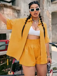 Flirla Plus Textured Drop Shoulder Shirt & Shorts - Mustard Yellow - View 1
