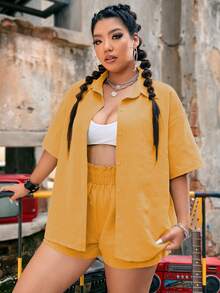 Flirla Plus Textured Drop Shoulder Shirt & Shorts - Mustard Yellow - View 3