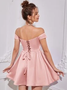 SHEIN Belle Off Shoulder Flared Hem Satin Dress - Pink - View 2
